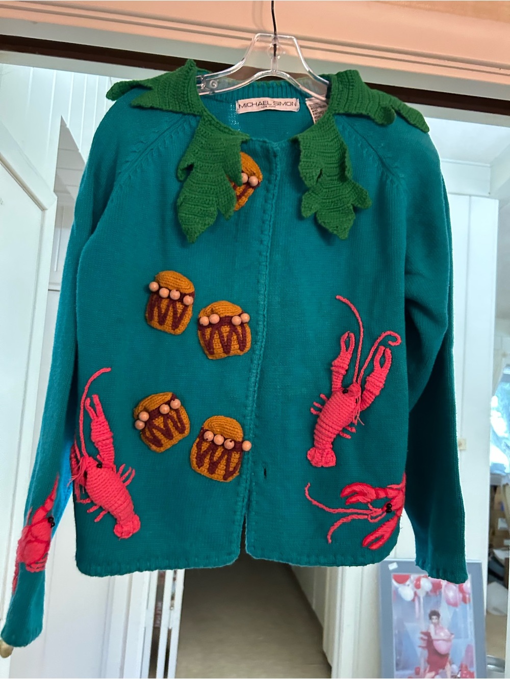 Michael Simon Teal Knit Jacket with Pink Lobster Appliqués and Green Leaf Collar